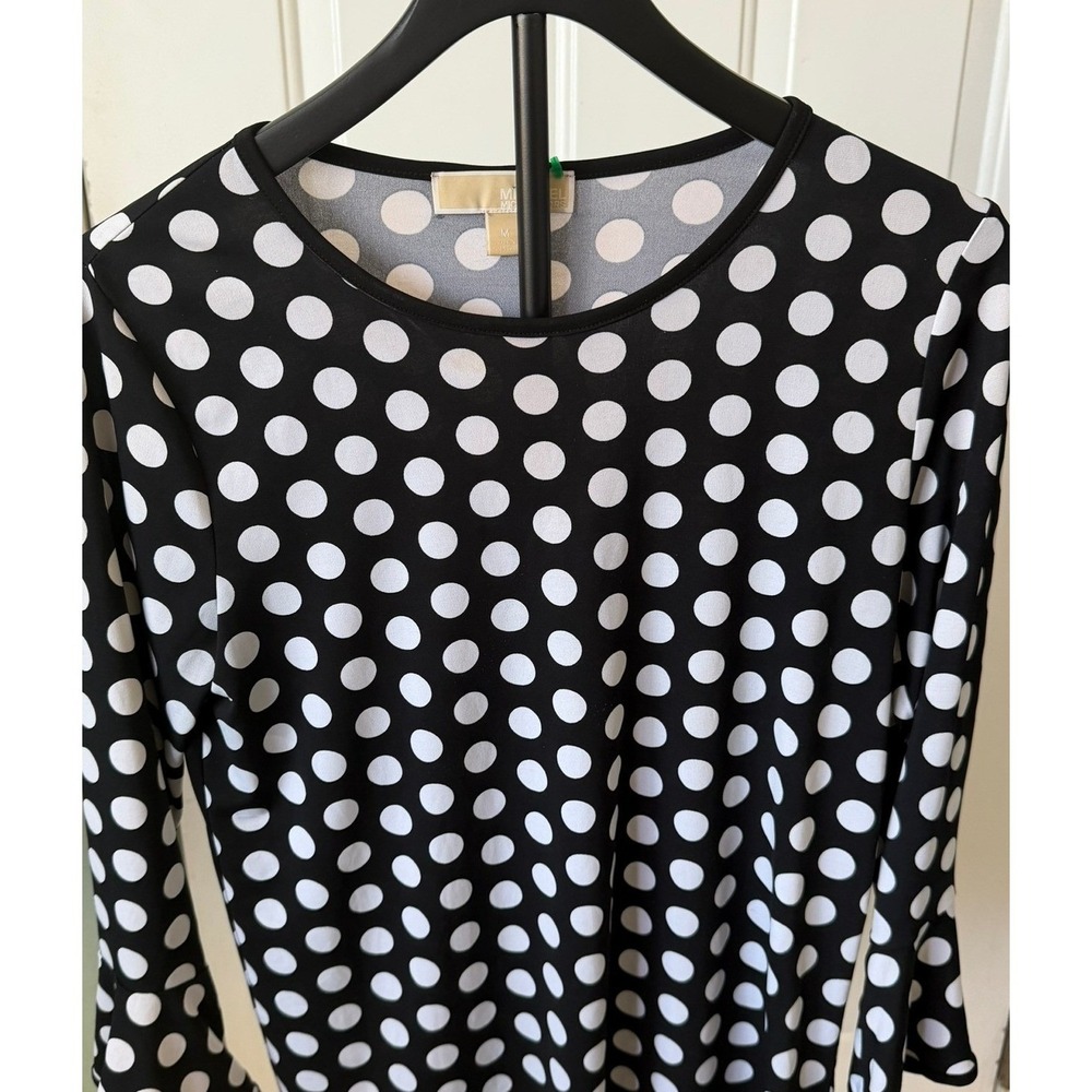 Michael Kors Womens Polka Dot Bell Sleeve Top Black White Crew Neck M - Picture 1 of 3
